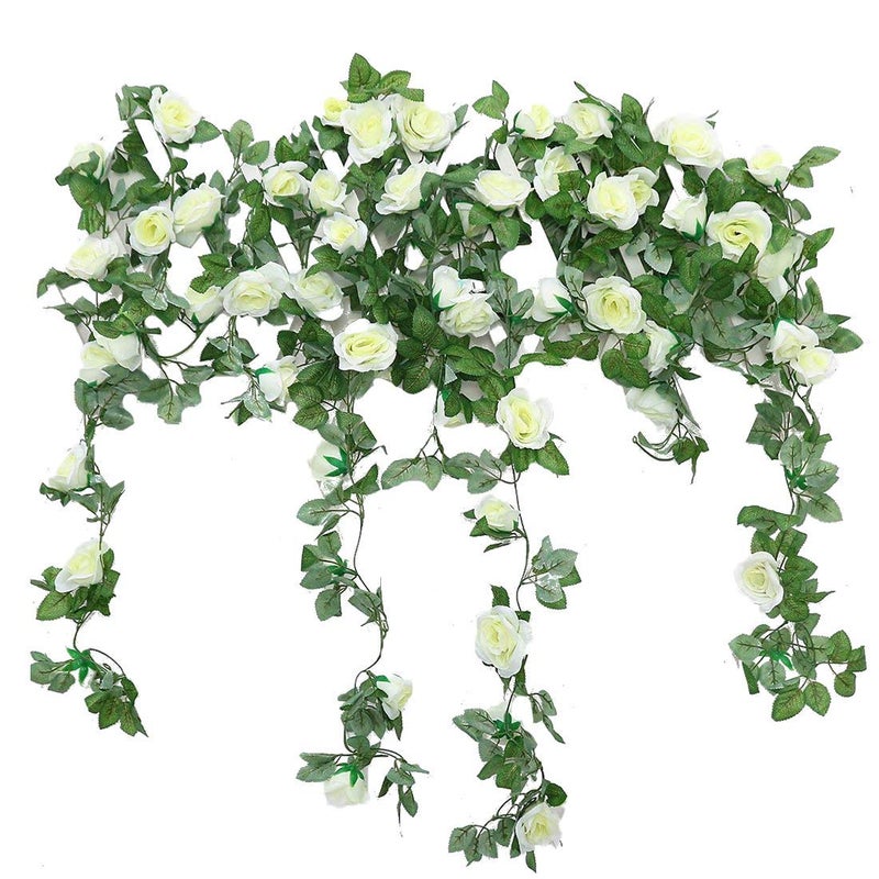 ZWYOQI 16 FT Fake Rose Vine Garland Artificial Flowers Plants Hanging Rose Ivy Home Hotel Office Wedding Party Garden DÃ©cor (White/2PCS) - Image 4